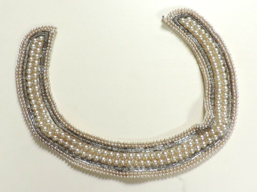 1960s Handmade White Satin with Pearl Beads and Silver Beads Collar