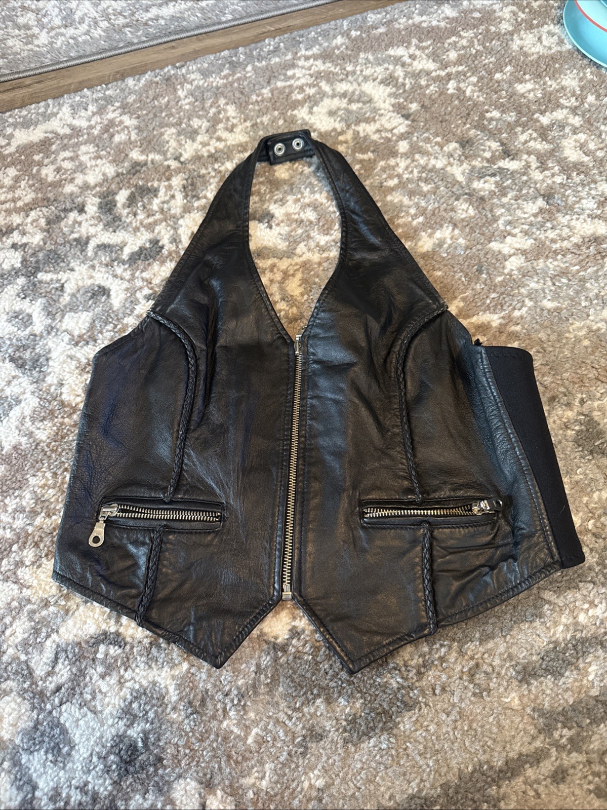 Vintage FIRST Black 100% Genuine Leather Biker Vest Women’s Halter Vest Size LG