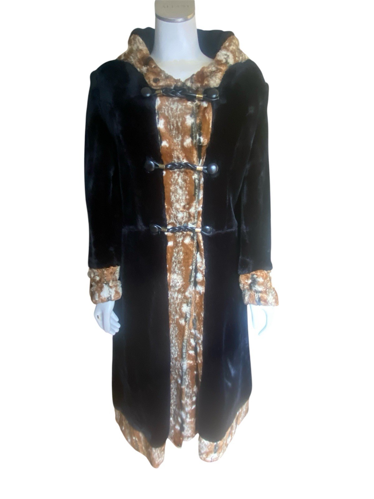 Vintage 70’s Faux Fur Black Brown White Penny Lane Coat With Hood S/M