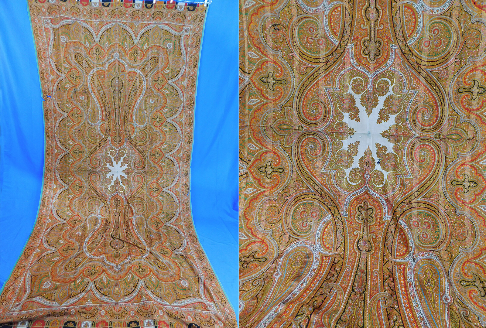 Victorian 1850s Antique Norwich Shawl Silk Challis Wool Paisley Print 11 Ft Long