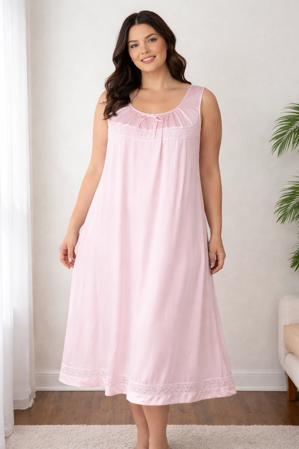 Vintage 70s Vanity Fair Pink Semi Sheer Lace Embroidered Nylon Nightgown Sz M
