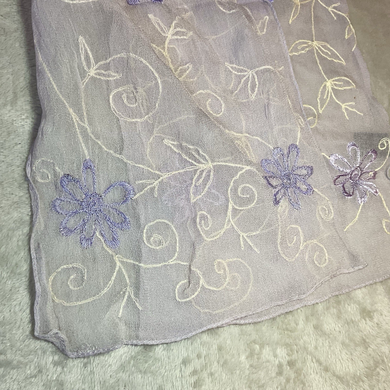 Vintage Berkshire Scarf Chiffon Rayon Lavender Purple Embroidered Floral 53 Long