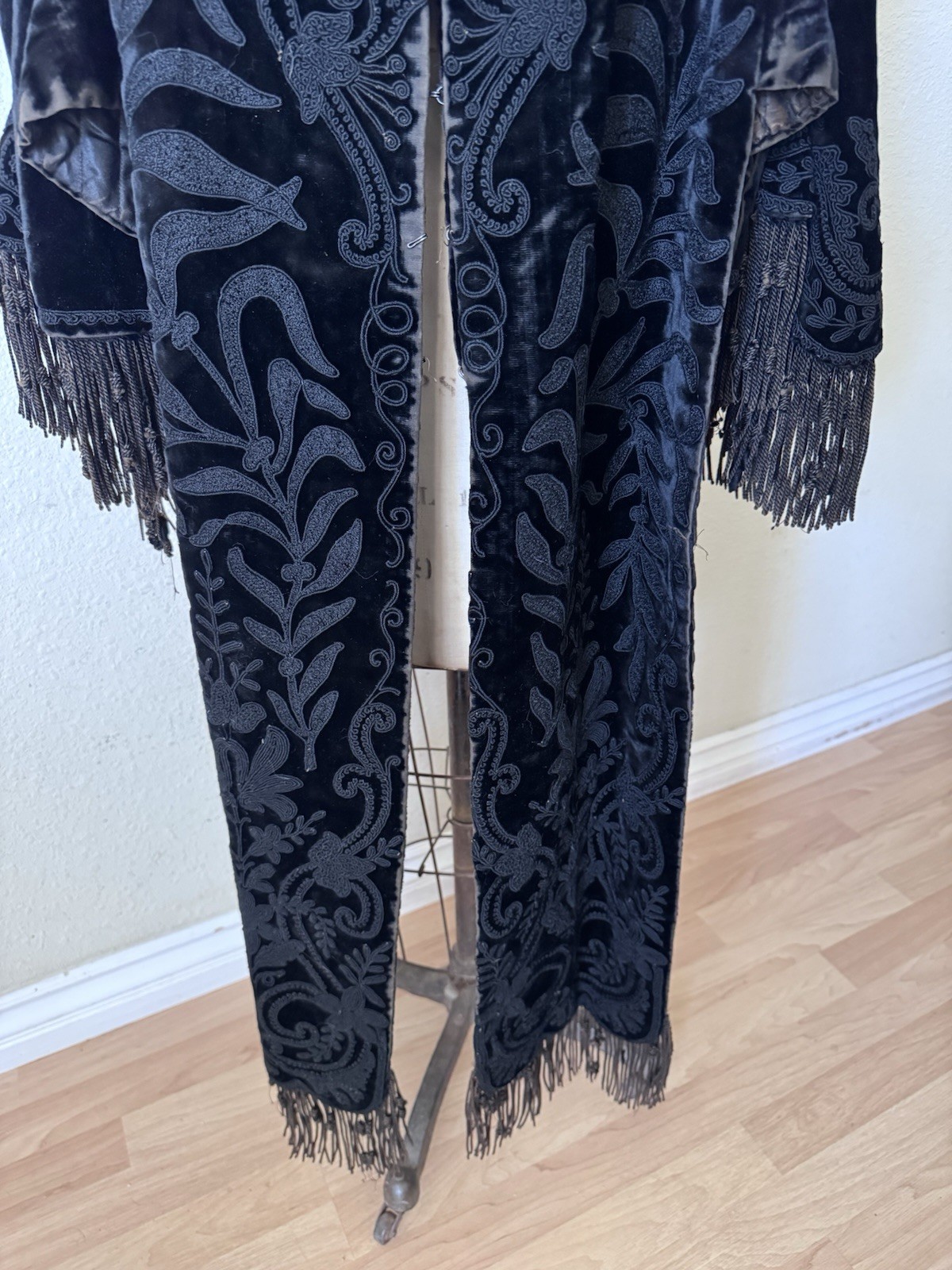 Antique Victorian Black Velvet Embroidered Fringe Cape Jacket Puff Sleeves
