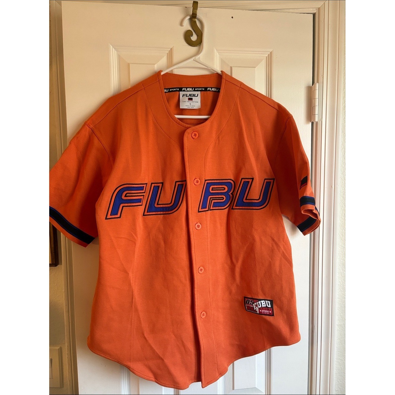 Vtg Fubu Jersey Mens XL The 05 Collection Baseball Button Up Shirt Orange