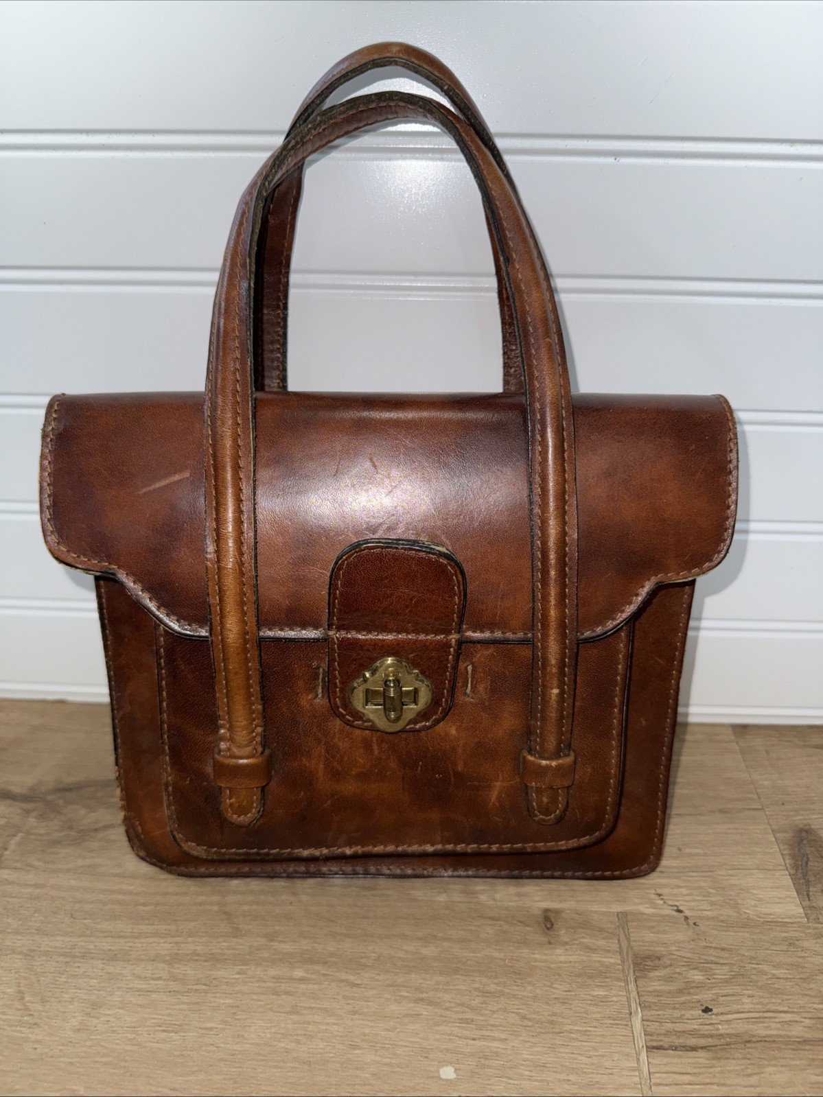 Vintage 1960S Italian Leather Handmade Purse Bag Tote 8×9