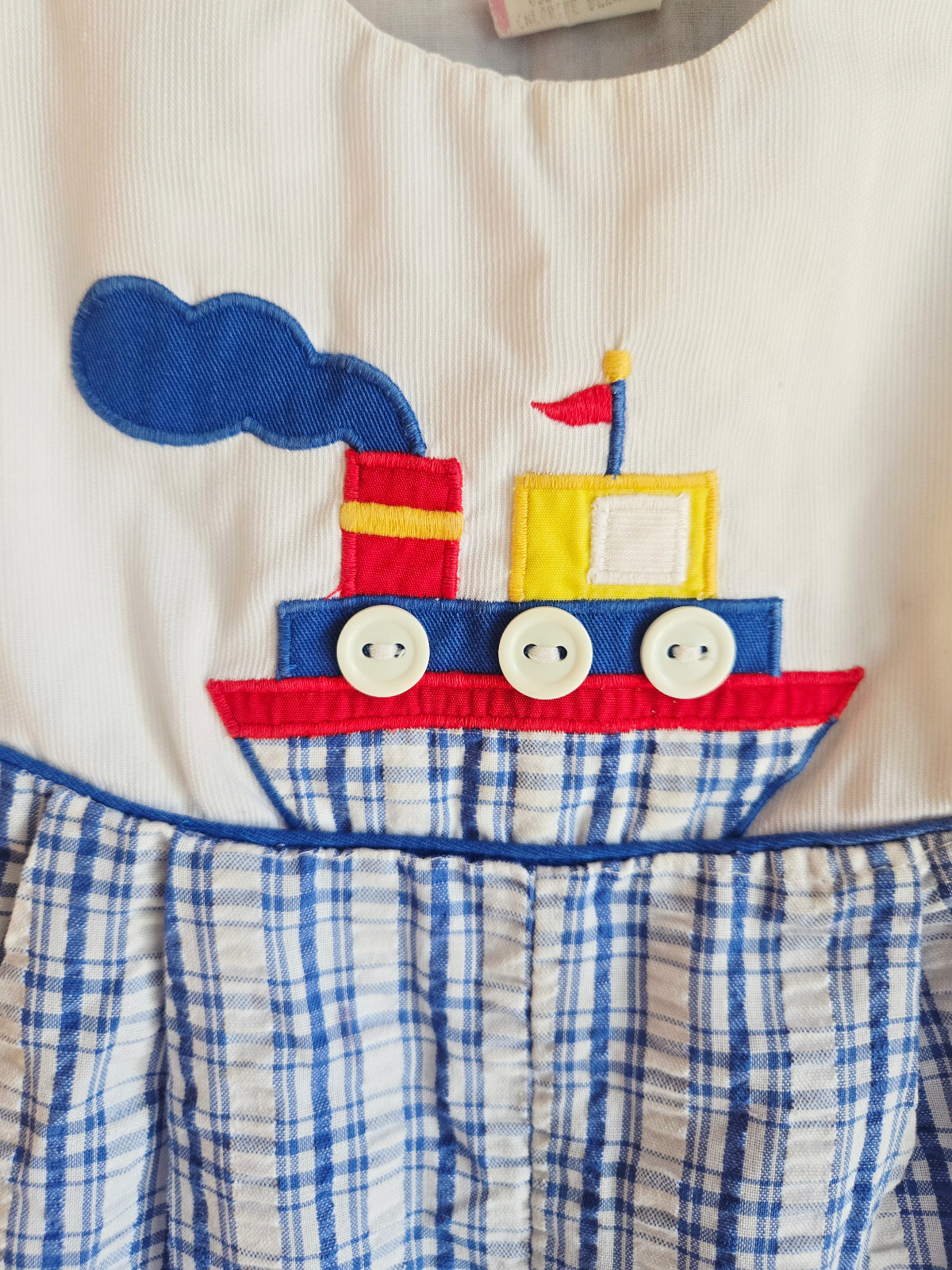 Vintage Toddler SIZE 24 Months Summer Romper Sailboat Blue & White Plaid, EUC