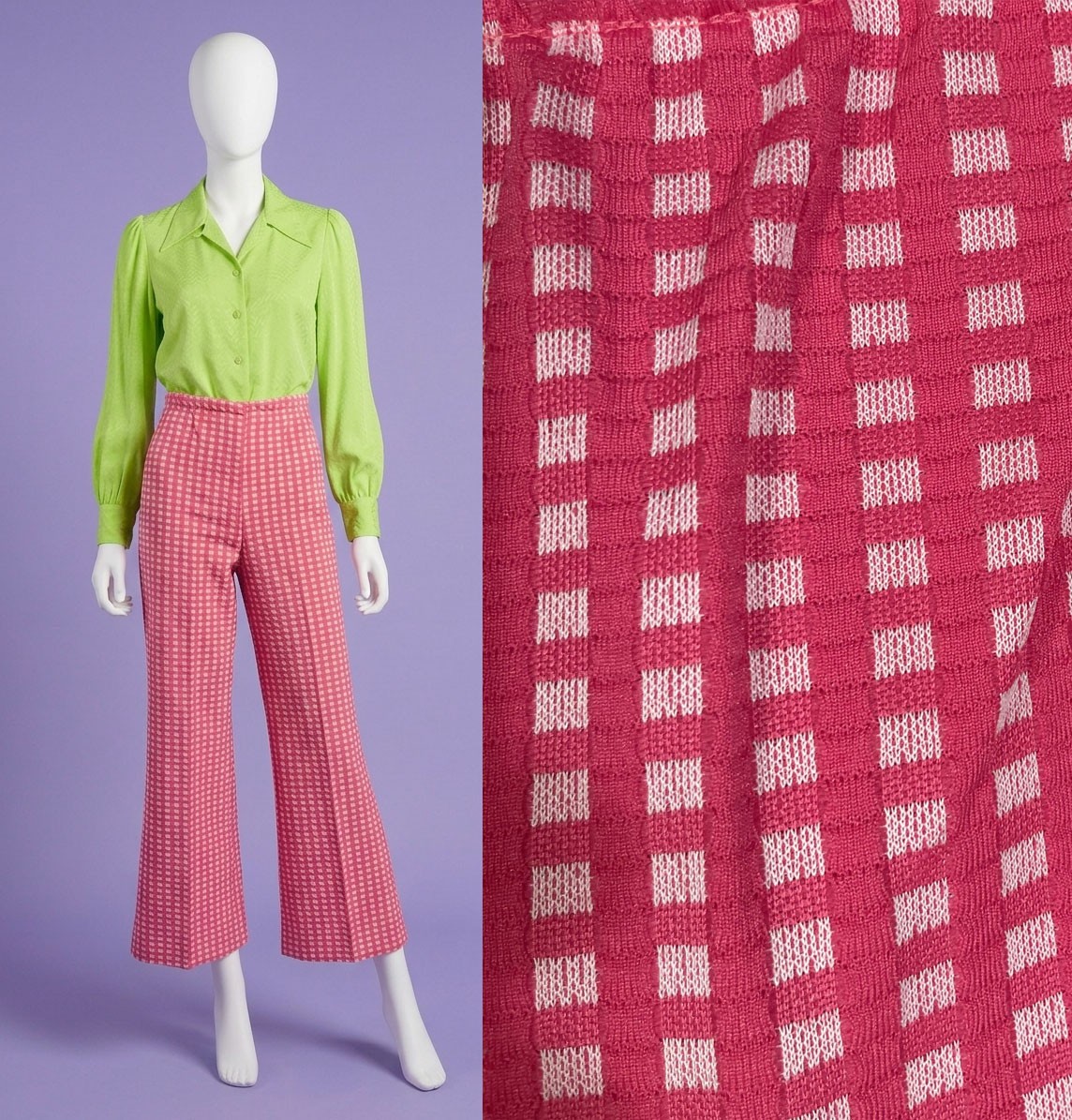 VTG 70s Bright Pink Textured Polyester Wide Leg Pants Bell Bottoms Size 27 Waist