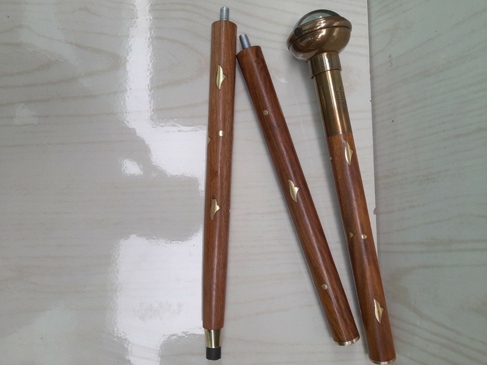Solid Brass clock on top watch handle Victorian wooden walking stick cane