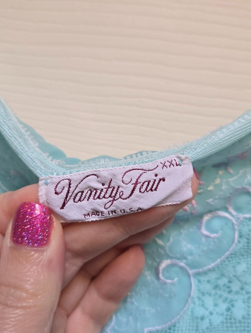 Vintage Vanity Fair Blue Nylon Nightgown Size XXL Made in USA Lace Negligee