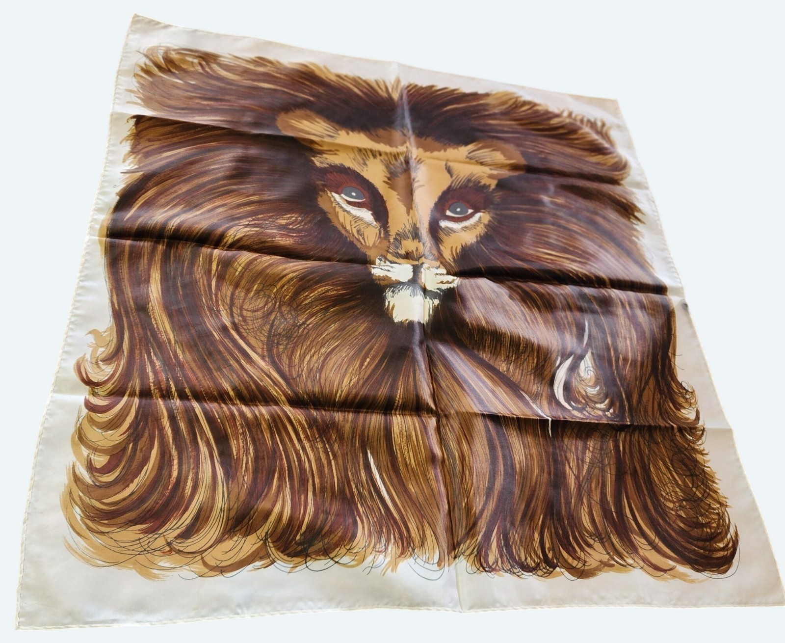 Vtg 1960s Glentex Lion Print Scarf 25.5 Inches Square Brown & Gold Tones