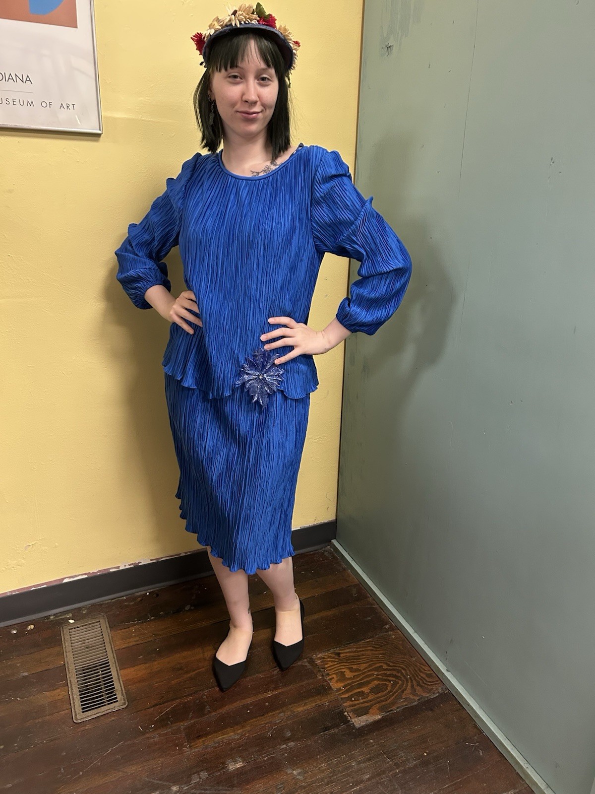 Vintage 80s After Dark Royal Blue Polyester Crinkle Party Dress L