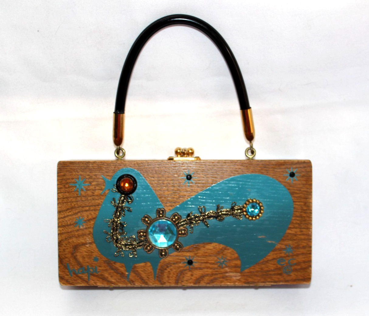 Vintage 60’s Enid Collins Of Texas Rare Wood Box Handbag Purse “HAPI” Blue Bird