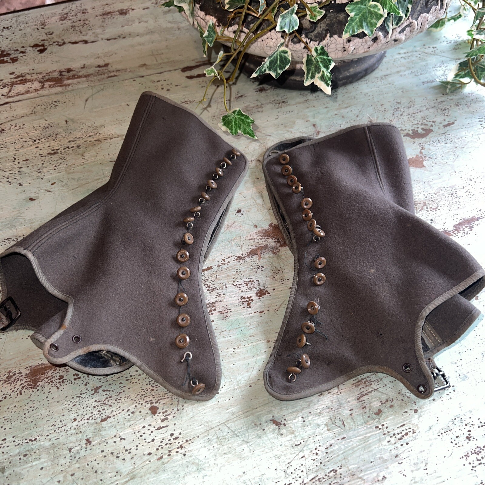 Antique Wool High 15 Button Foot Buckle Strap Pair of Spats.