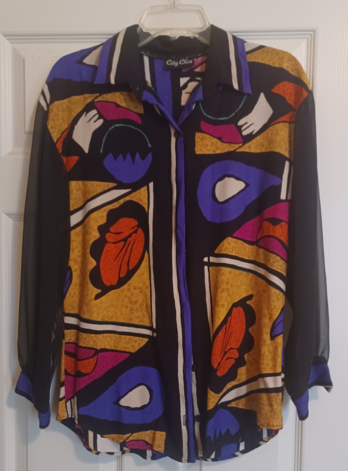 VINTAGE Classy Women’s Multi Colored Blouse w/Sheer Sleeves – EC