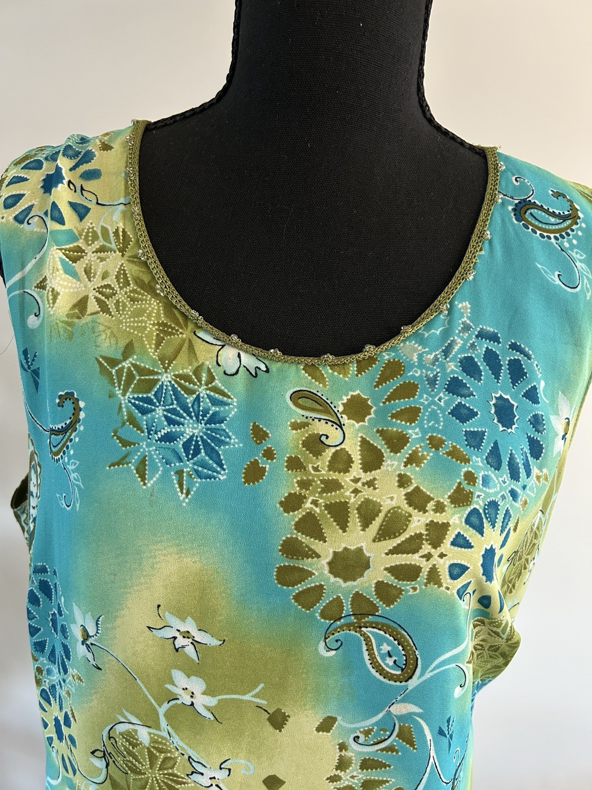 Kathie Lee Collection Maxi Dress Large 12/14 Green Blue Yellow 100% Polyester
