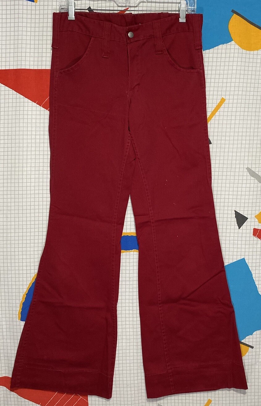 Vintage 70s Bell Bottom Pants 31×33 Wide Leg Flare Bareback Big Belt Loops Twill