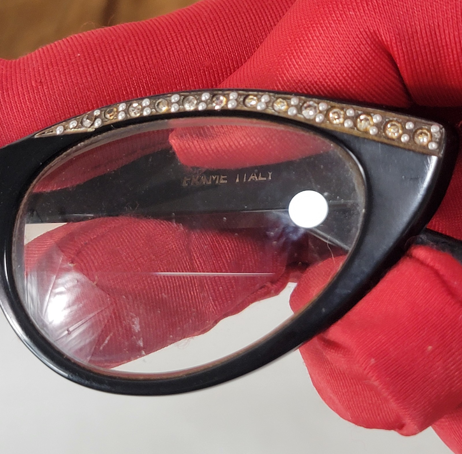 Vintage 1960s SAFILO Fedra Rhinestone Cat Eye Glasses Black Frame Italy 5 3/4″