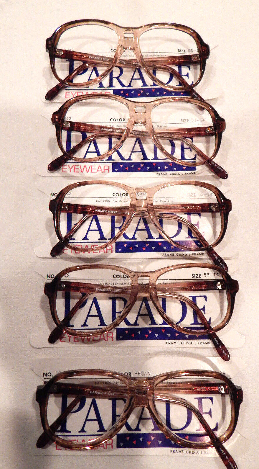 Vintage 5 pc. PARADE EYEWEAR #1242 Pecan 53/14 Eyeglass Frame Lot NOS