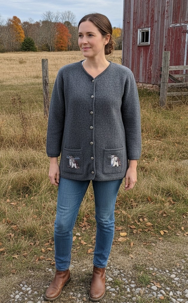 Dalia Vintage 90’s Grey Button-up 100% Wool Sweater With Embroidered Pockets M