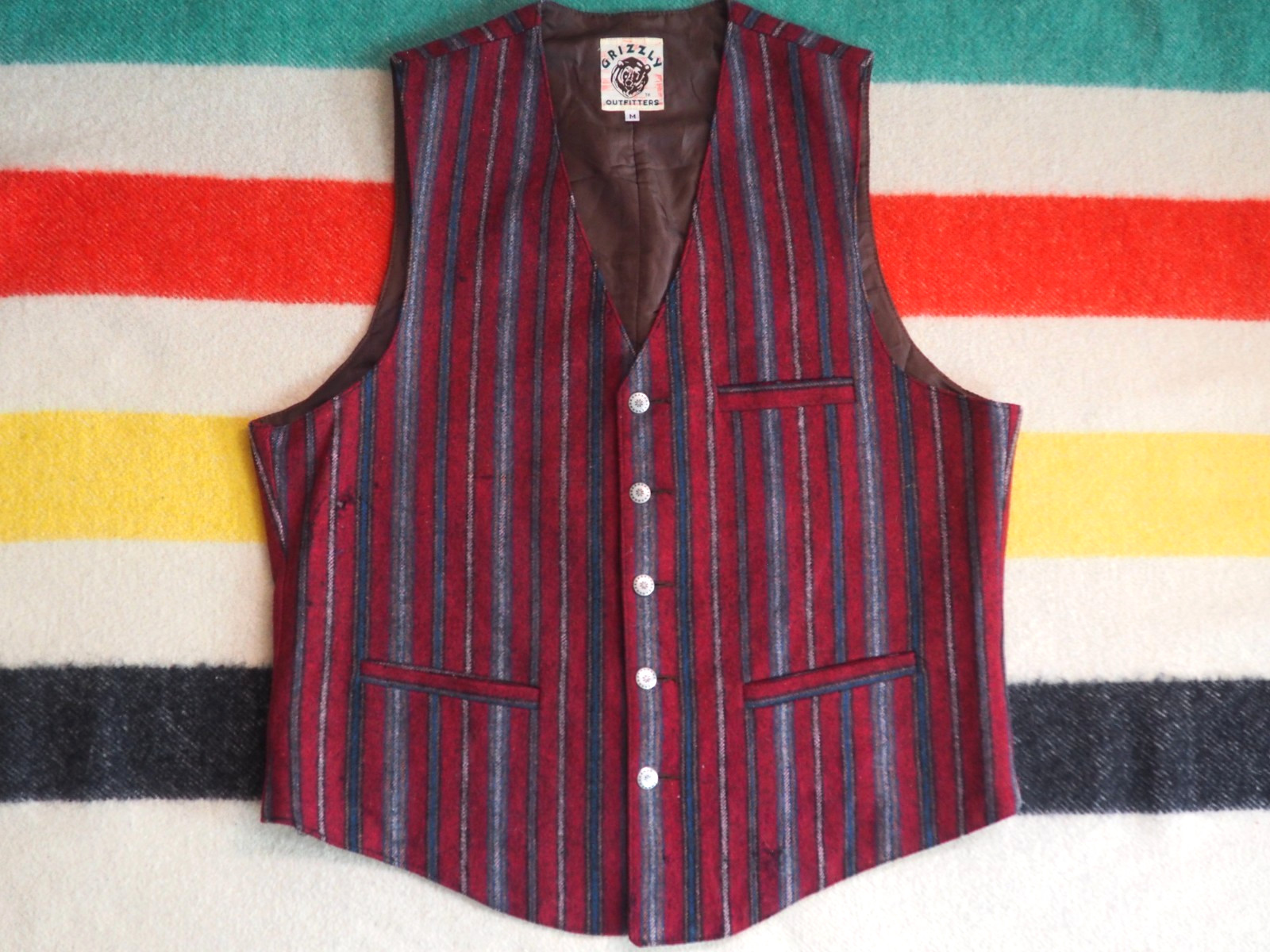 VTG Grizzly Outfitters Pioneer Western Lodge Wool Red Striped Button Vest M