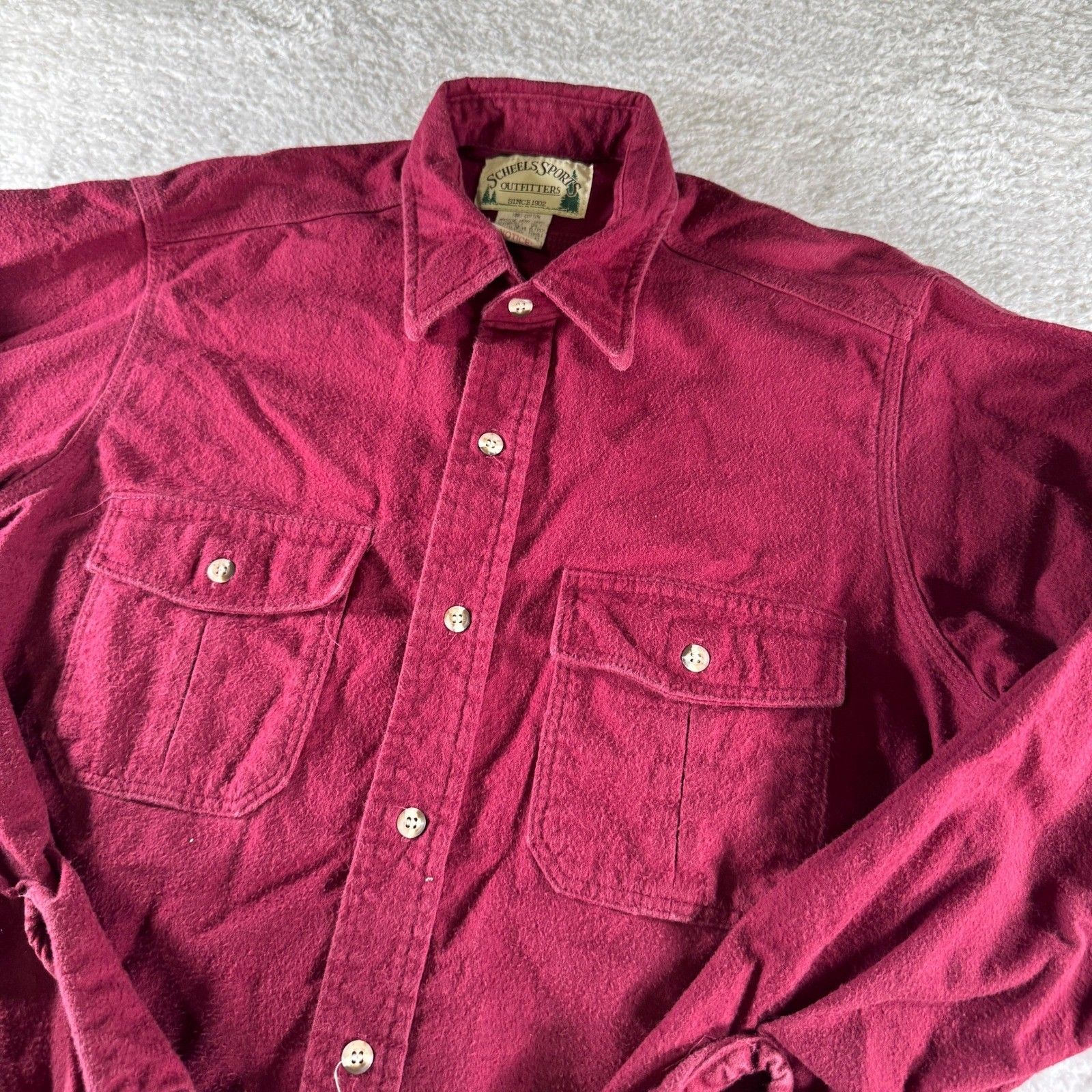 Vintage Scheels Sports Outfitters Flannel Shirt Red Medium Tall Made in USA