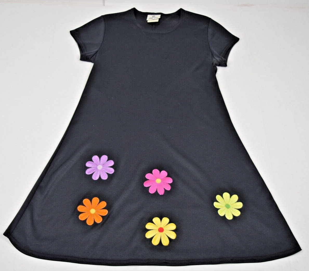 Vintage Dress Jalate Size S/M 90s Black Silky Sheen Orange Yellow Pink Daisies