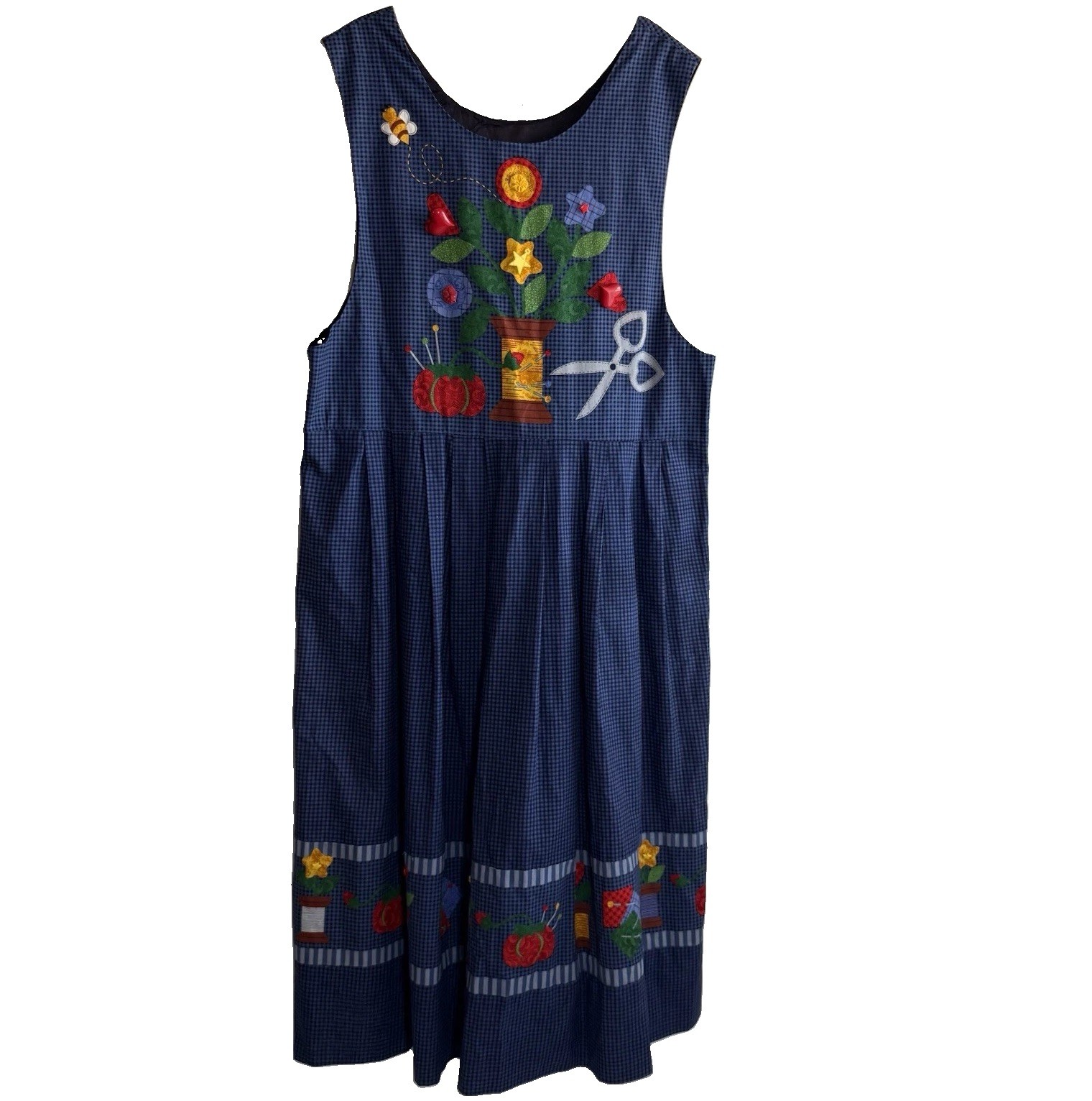 VTG 80s Sewing Quilting Print Dress Jumper Size L XL Blue Plaid Colorful Buttons