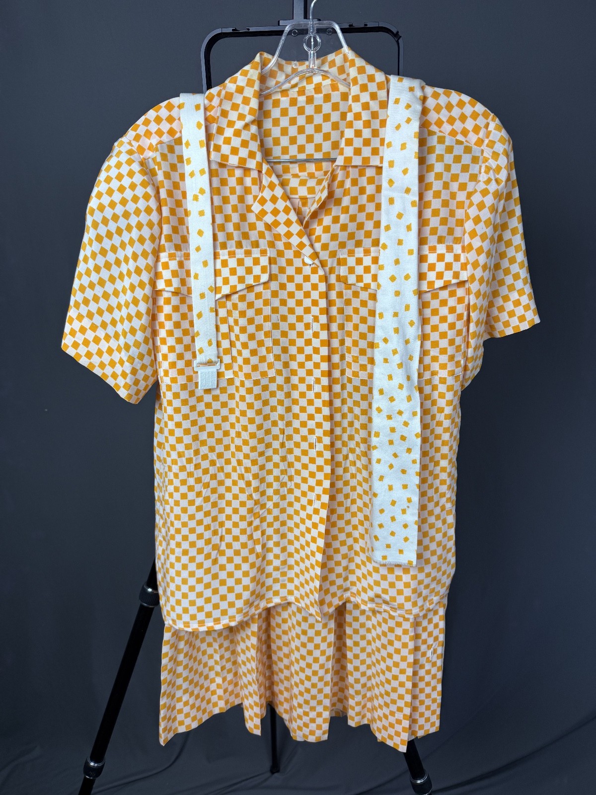 Handmade Vintage 60s Womens, Two Piece Orange Checkered Top and Matching Skirt