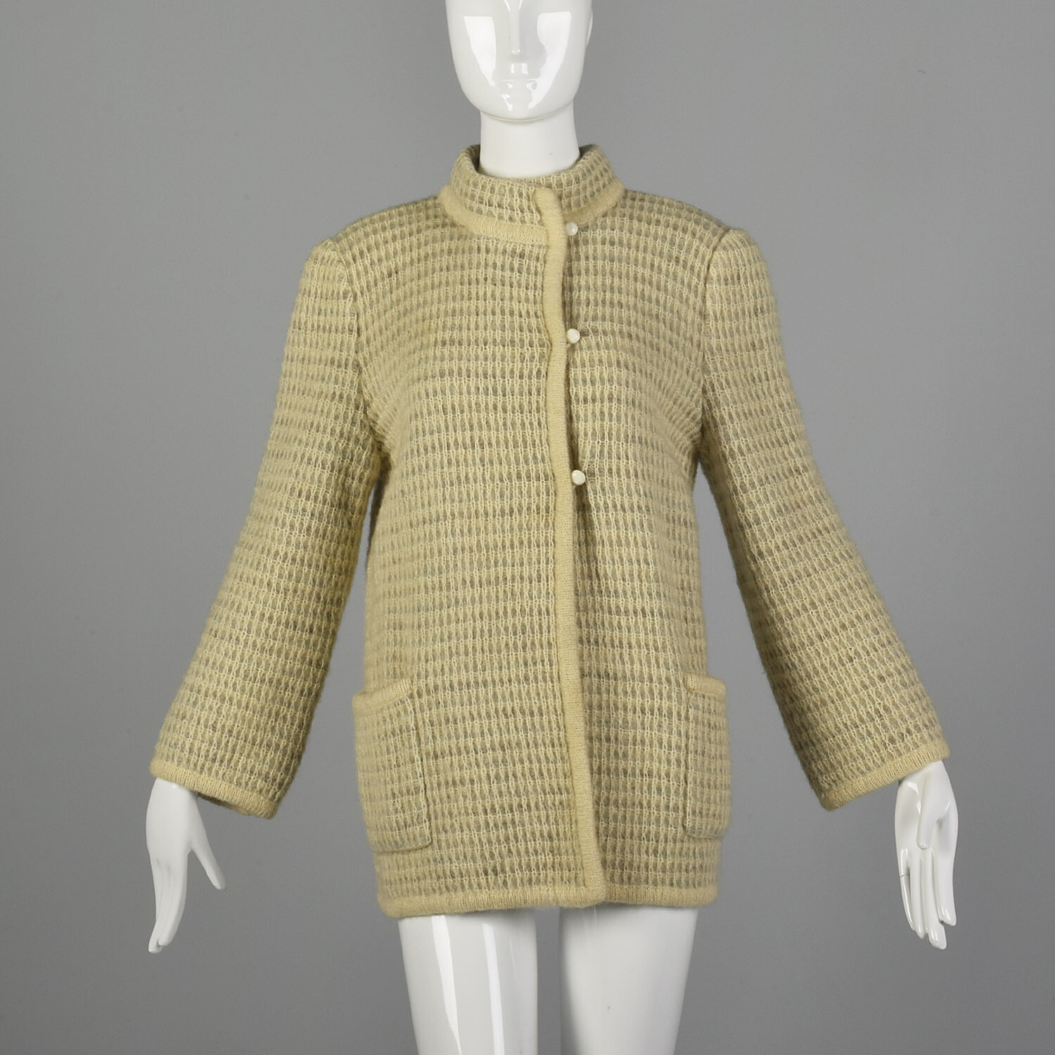 L Cream Knit Jacket 1970s Loose Knit Winter Weight Cardigan Sweater Coat 80s VTG