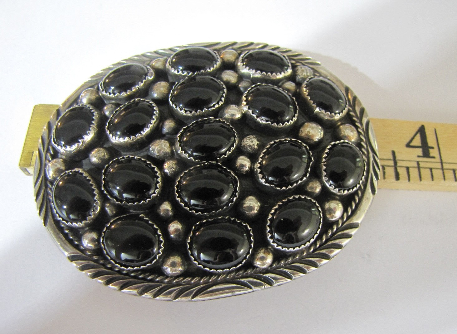 Vintage Navajo Sterling Silver Black Onyx Cluster Belt Buckle 70g GA Sterling