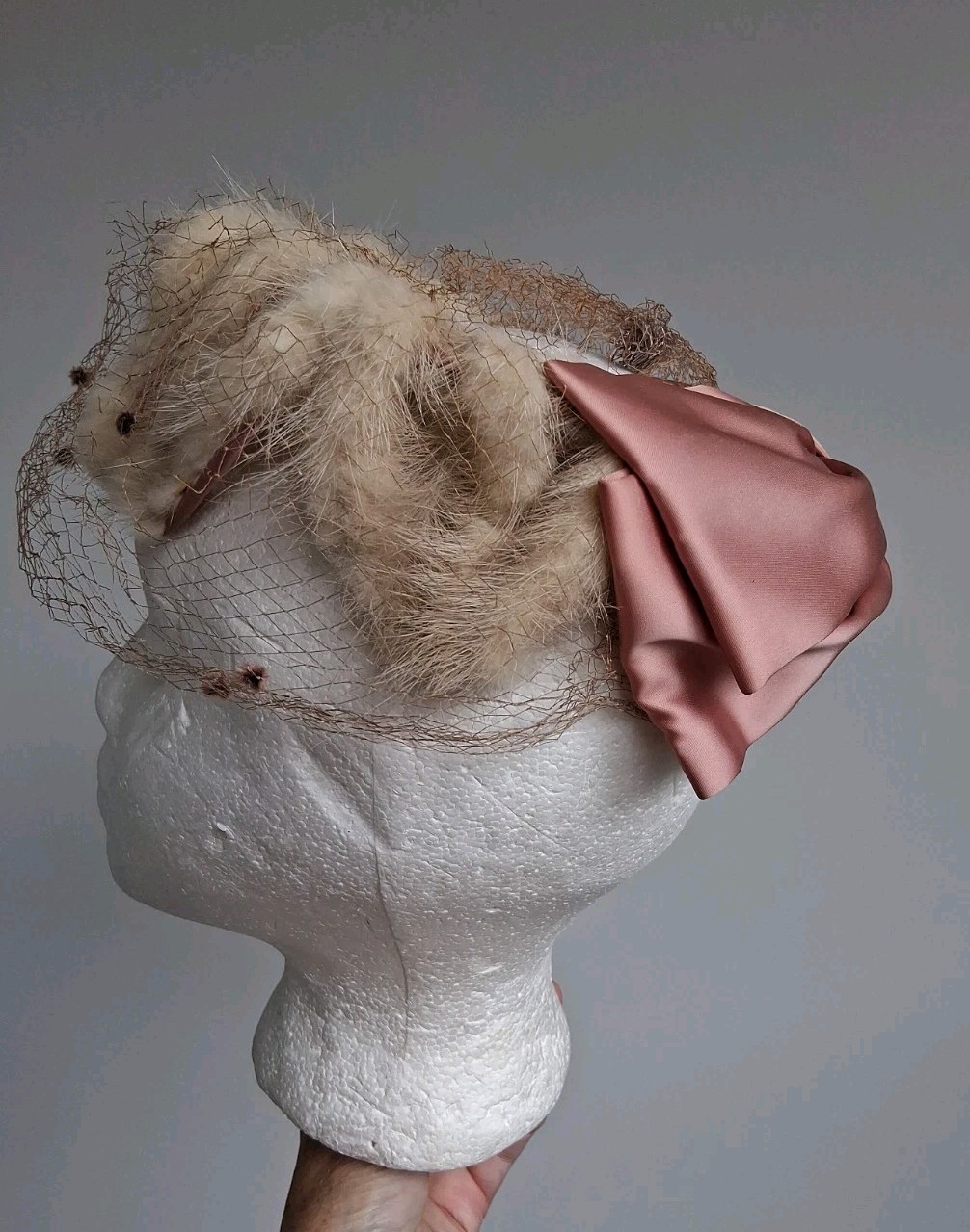 Vtg Real Light Mink damaged Fur Star Crown Hat Big Bow Mauve Satin & Net damaged