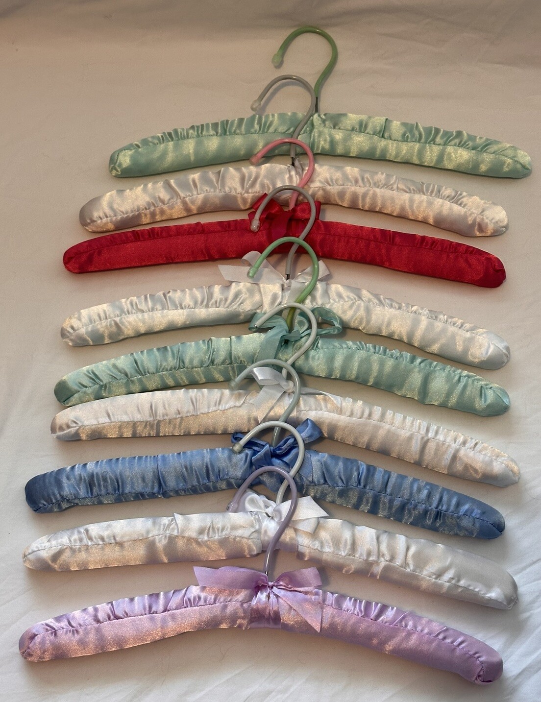 9 X Vintage Padded Fabric Covered Coat Hangers Satin ? White Pink Blue Green