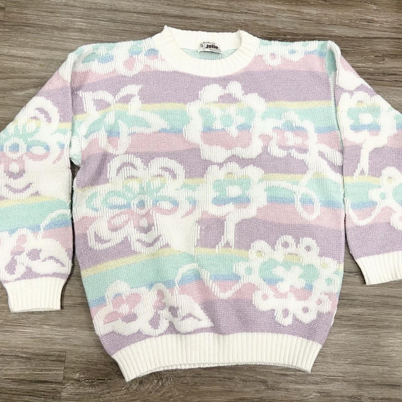 Vintage 1980s Rainbow Sweater Sparkly Flowers Retro 80s Colorful Pastel Magical