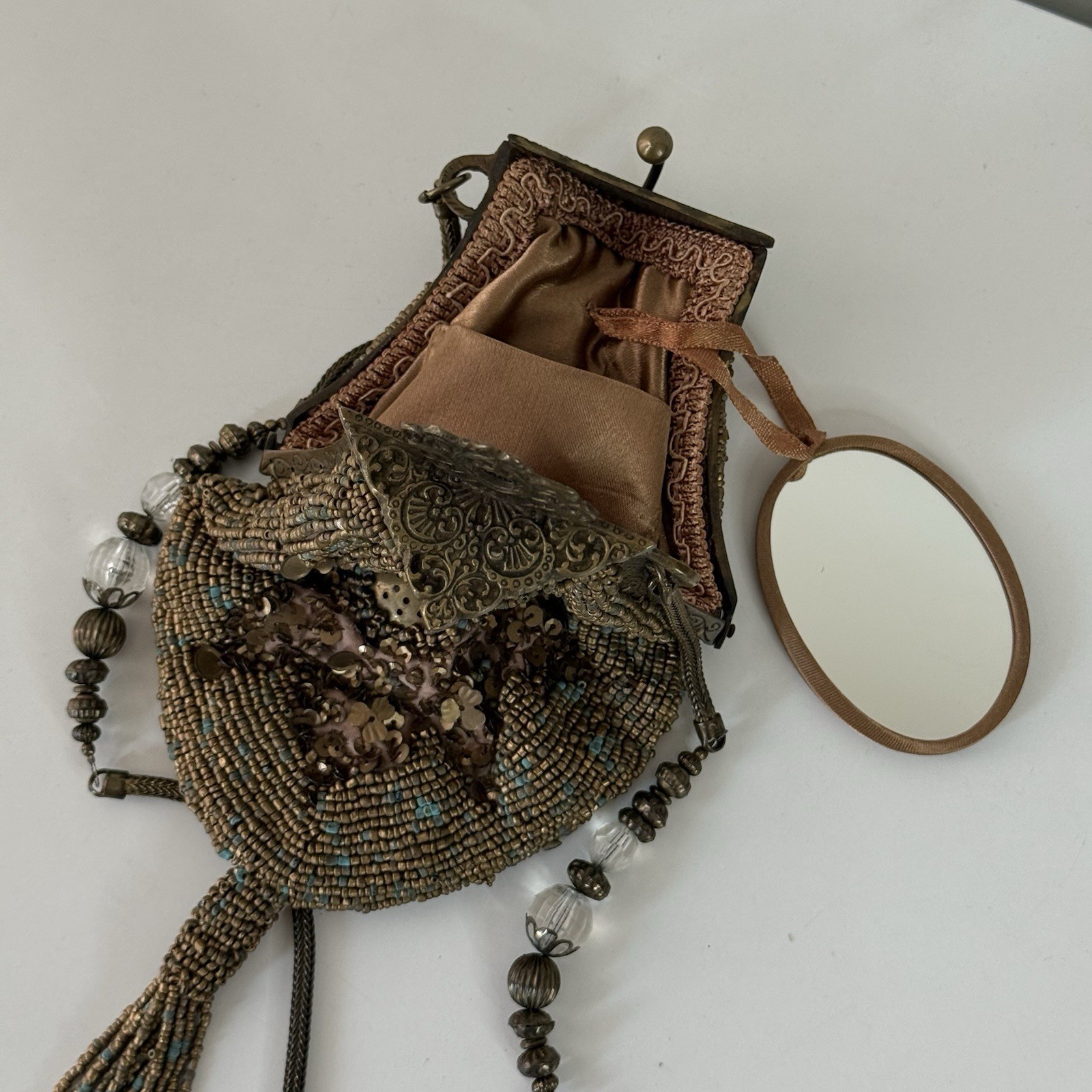 Antique 1920s Glass Beaded Victorian Flapper Purse Ornate Metal Frame W/ Mirror