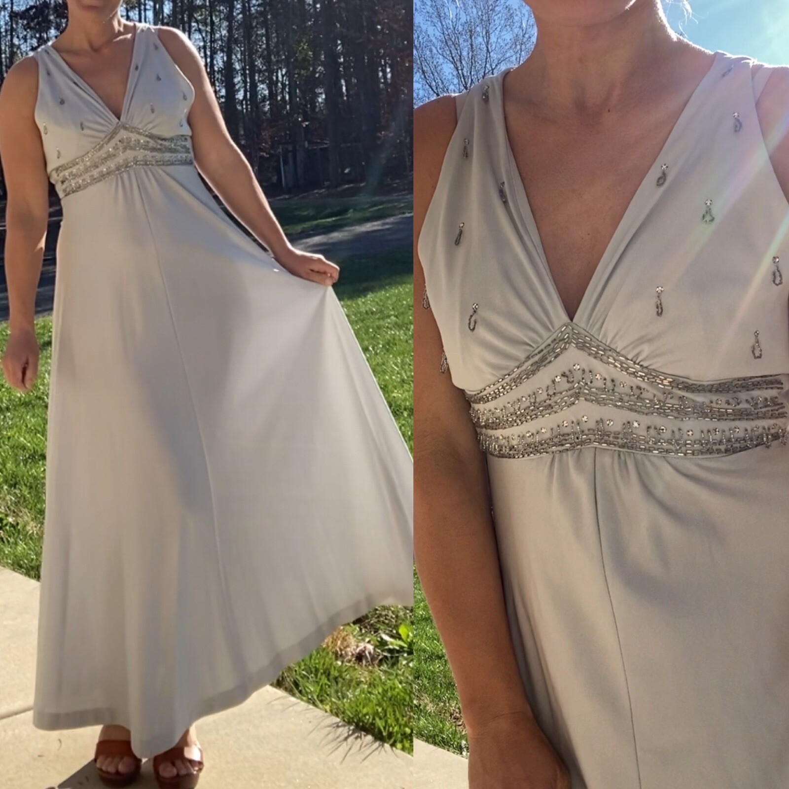 Vintage Lee Jordan gray polyester metallic silver sequin v neck maxi dress xs