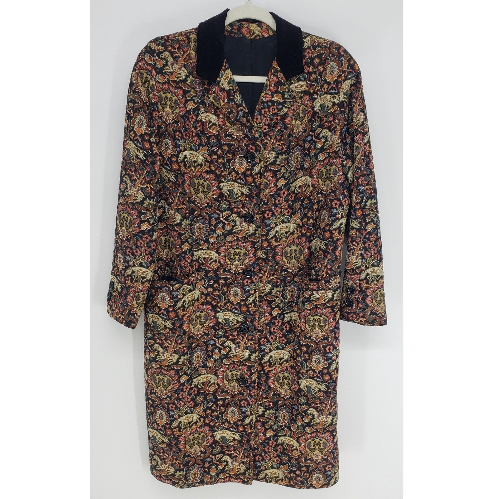 Vintage 80s Rain Shedder Tapestry Animal Print Coat Women Size L Black Velvet
