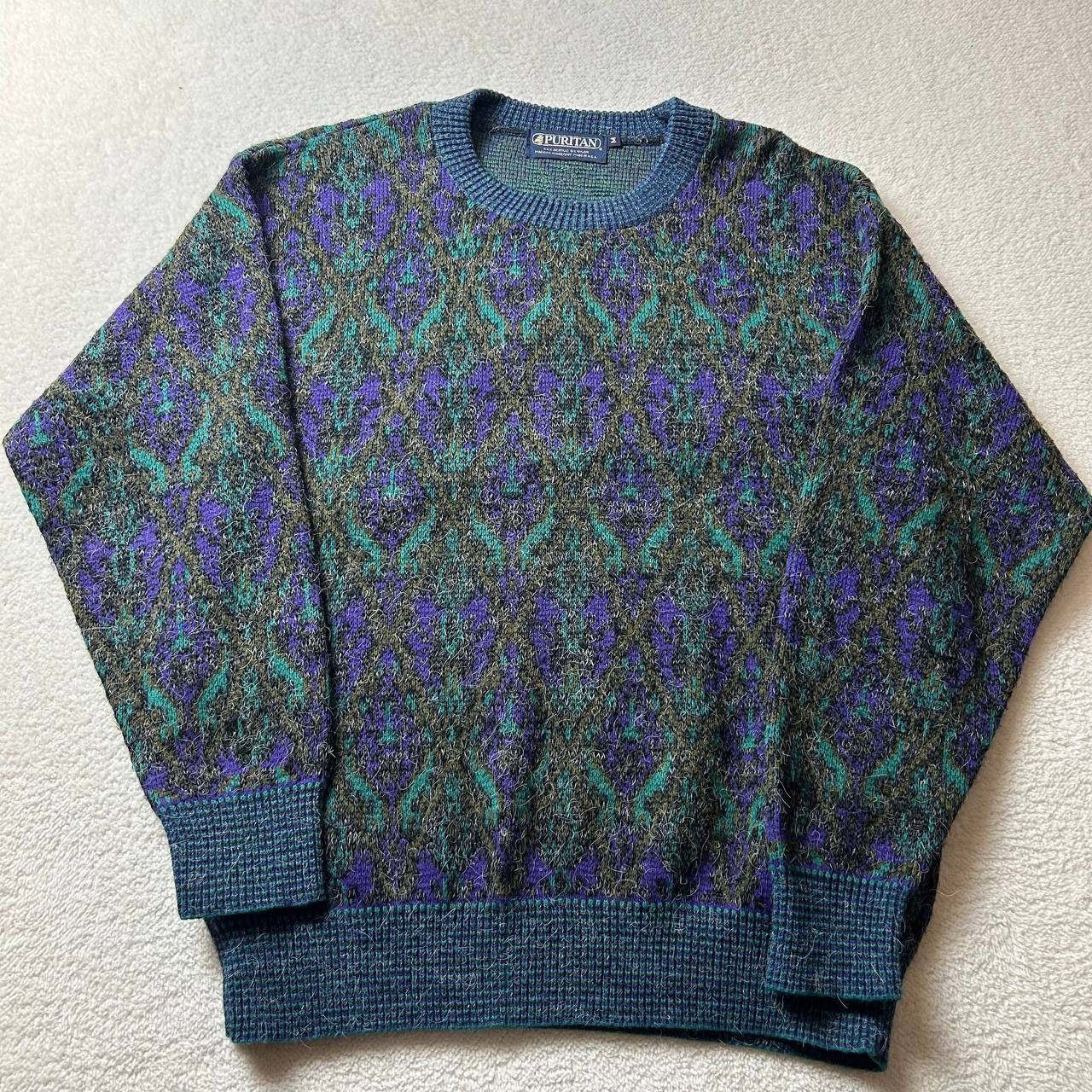 Vintage Puritan Abstract Pattern Retro Knit Sweater Purple Green Size M USA Made