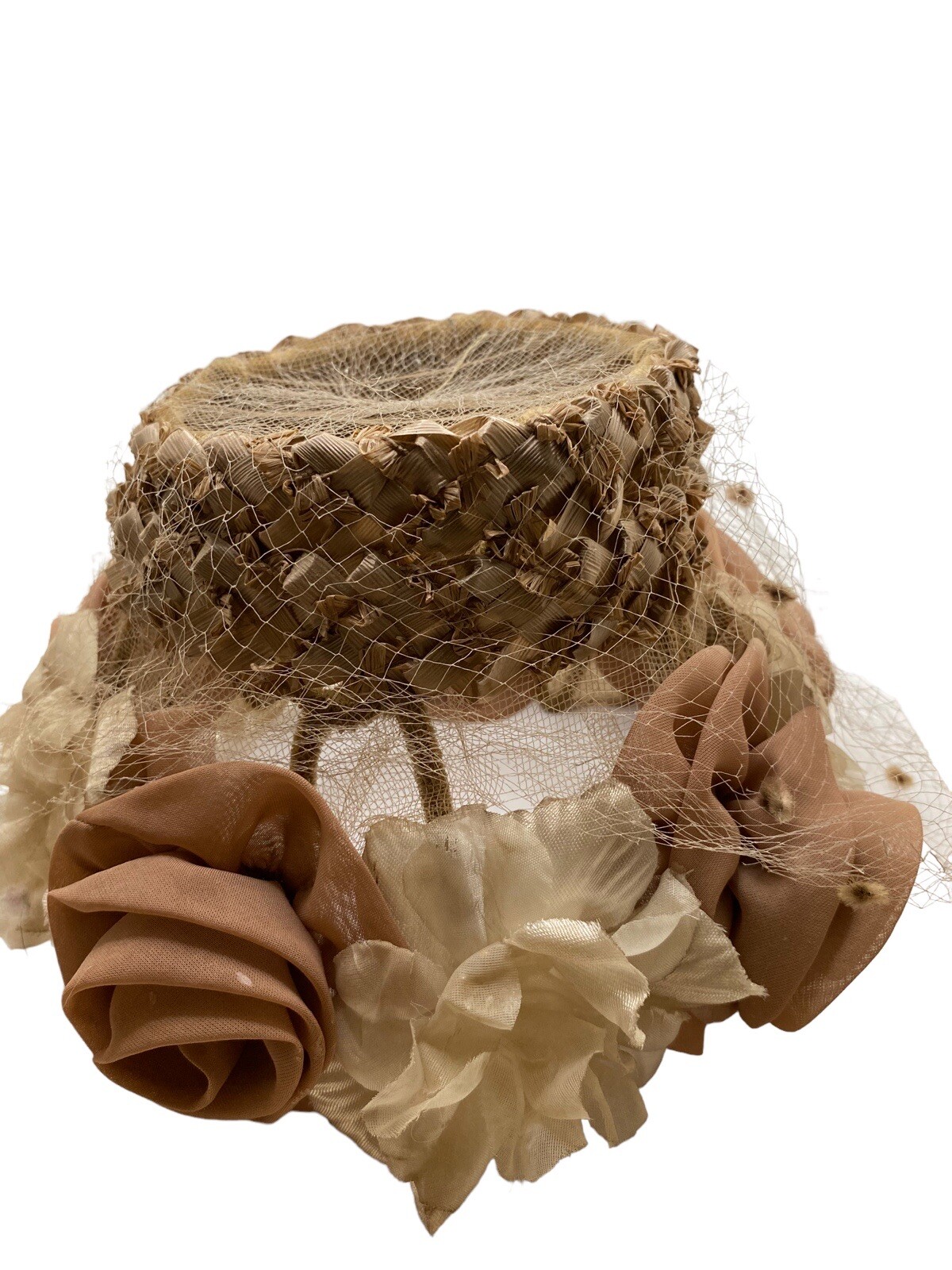 vintage floral hat with lace netting beiges