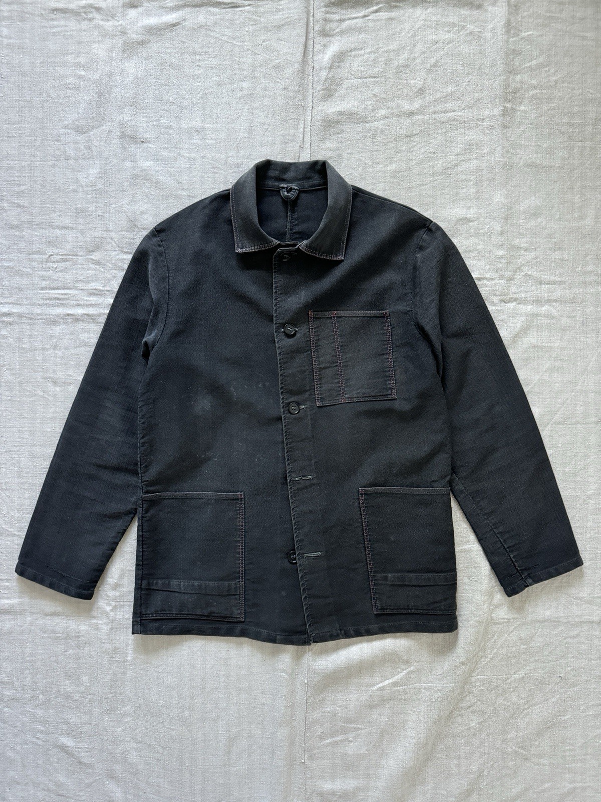 70s vintage Soviet workwear faded black moleskin French work jacket chore coat M
