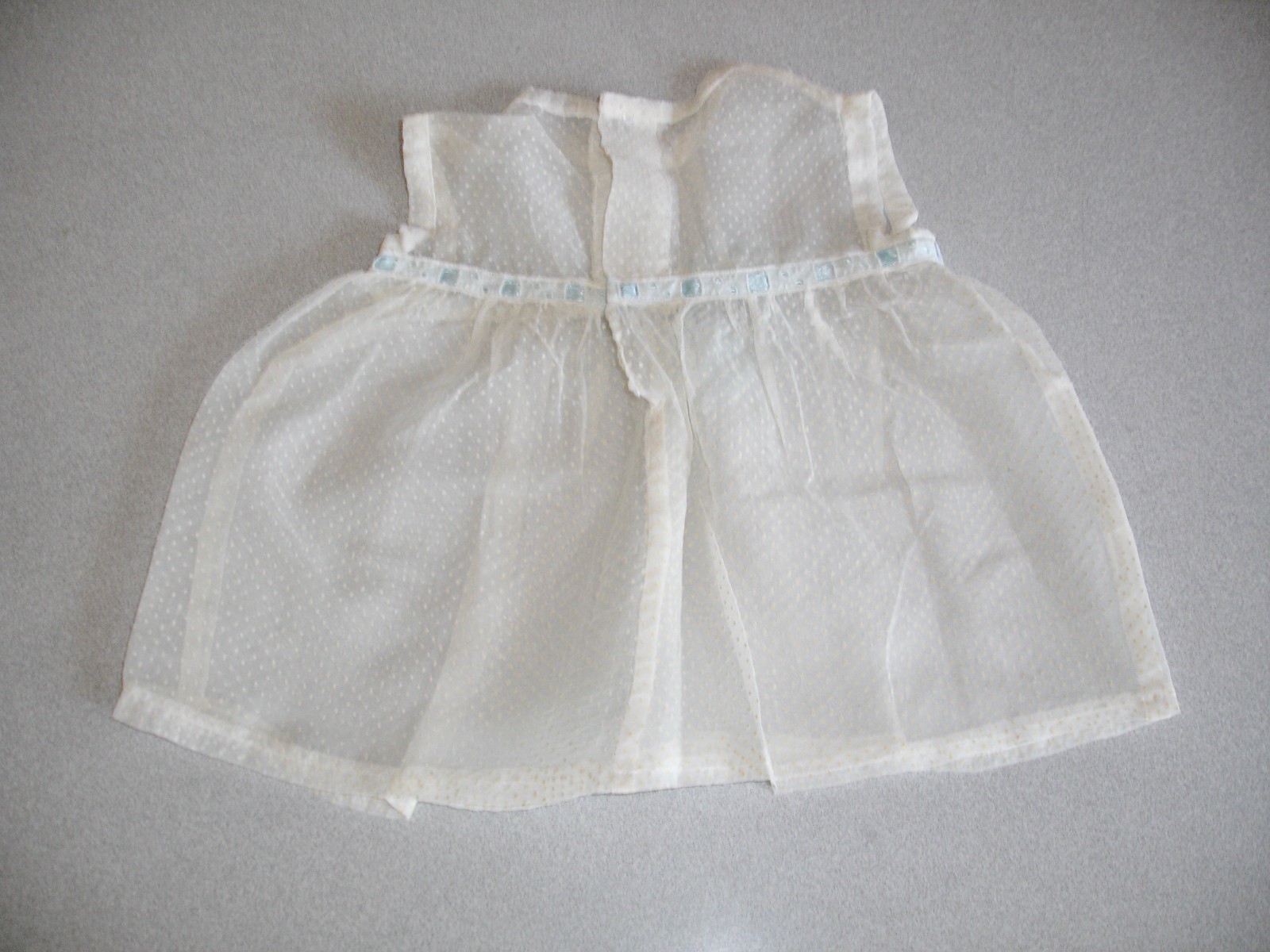 Vintage Hand Made Infants White Sheer polka Dot Dress With Blue Ribbon Trim