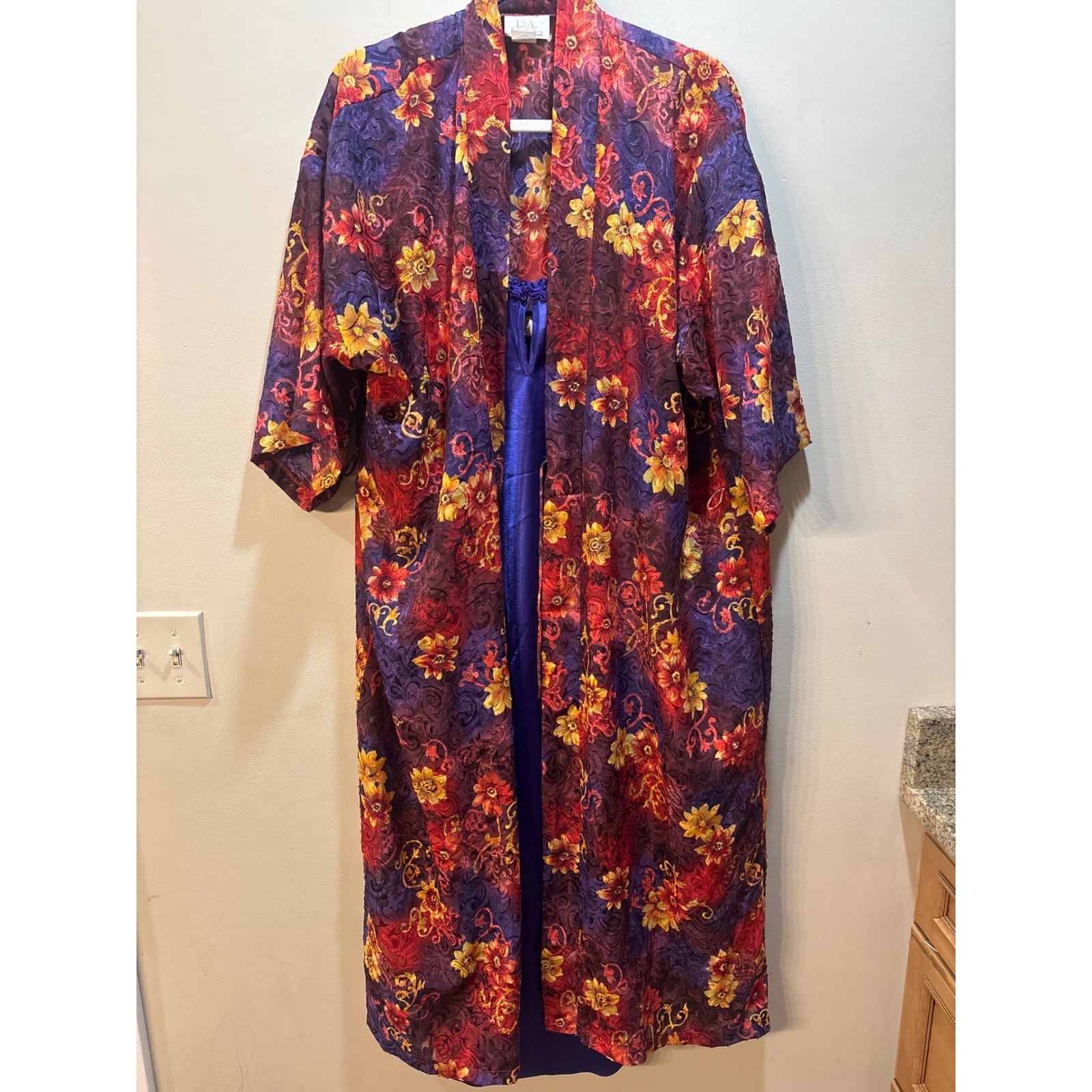 NWT Vintage LA Intimates Purple Satin Slip Dress (Med) Floral Robe (Large) Set