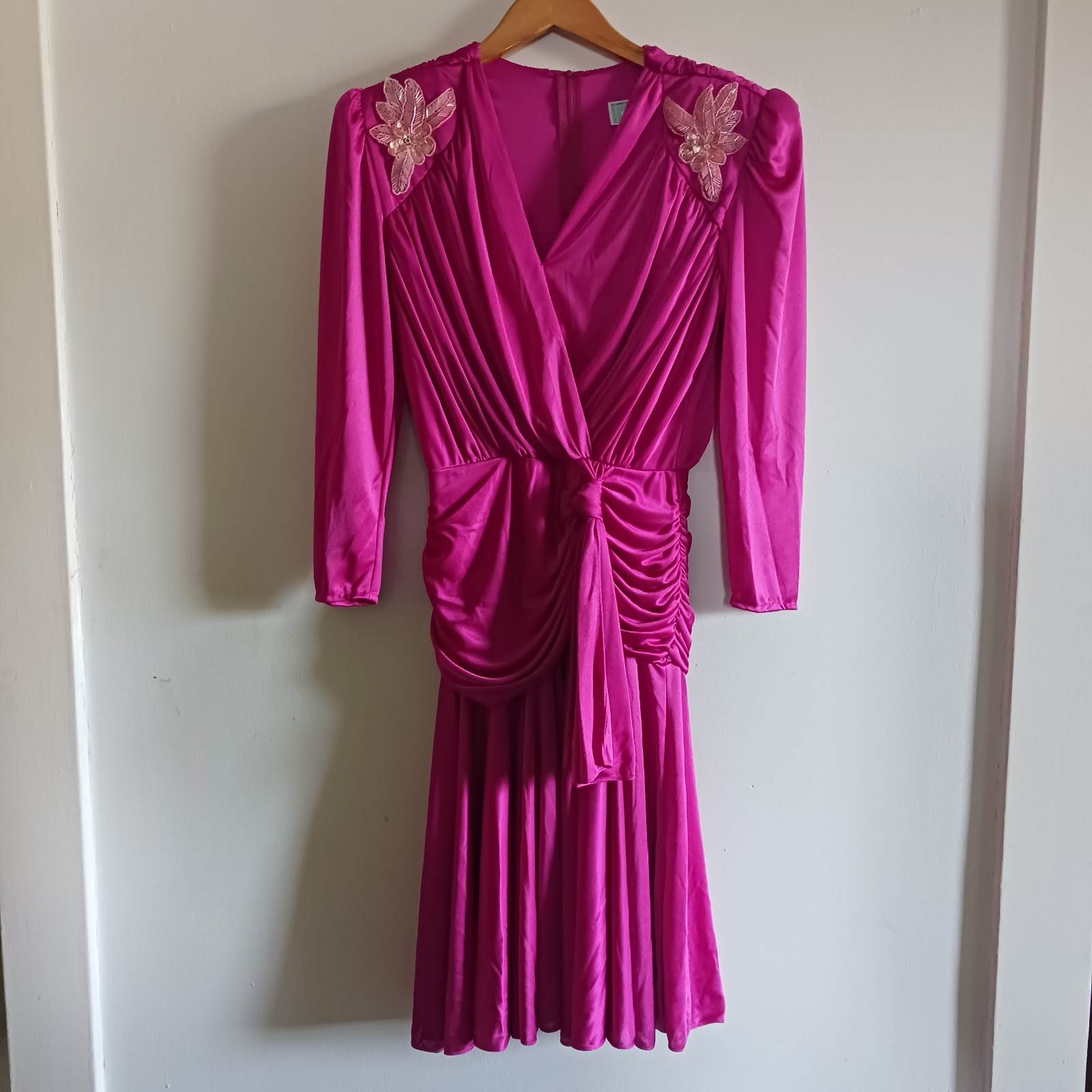 VTG Filigree Draped Dress Magenta Hot Pink Beading Twirl Skirt Glam 80s 8 Small