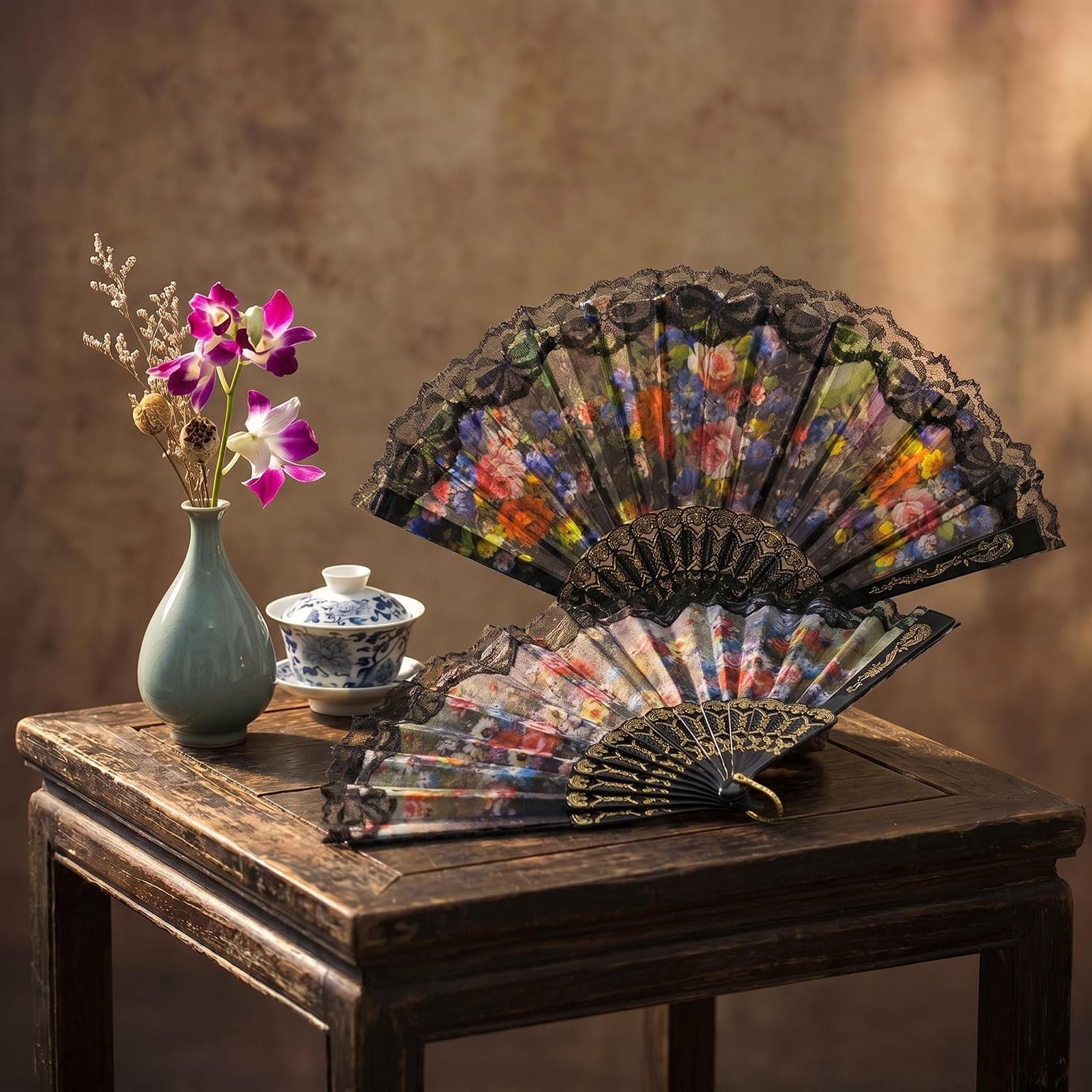 10 Pack Vintage Spanish Floral Folding Hand Fan Sequin Fabric Folding Handheld
