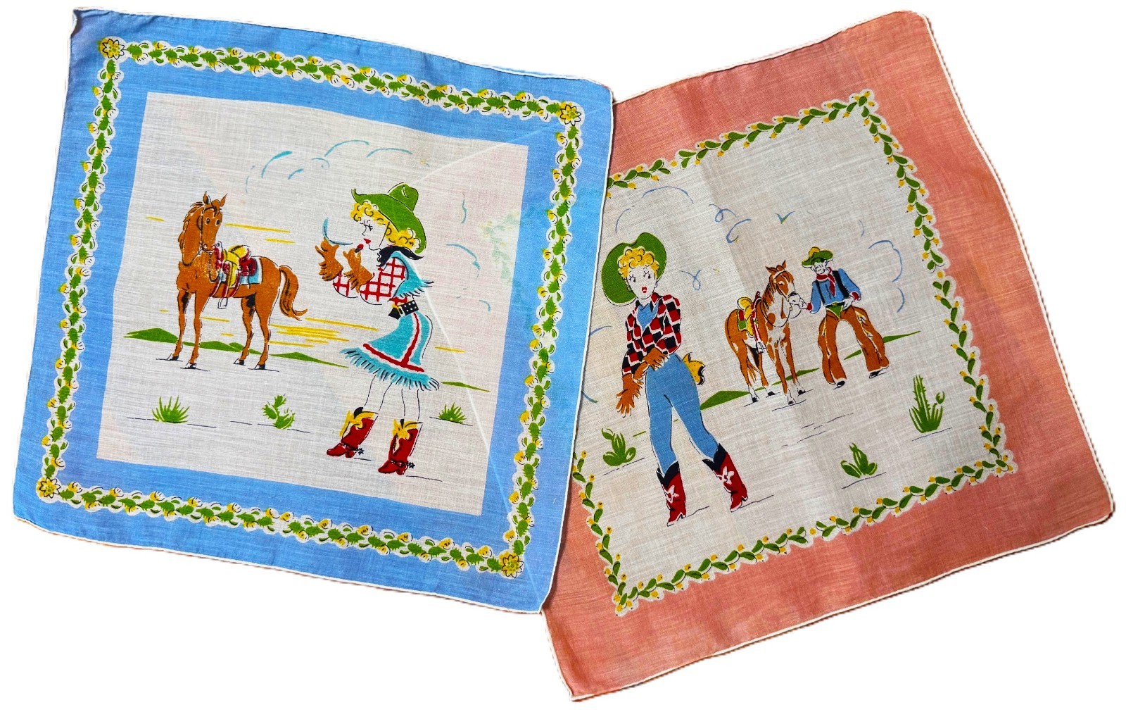 Unused Set Two Circa 30s/40s Hankies LIPSTICK COWGIRLS Western Outlaws Rodeos