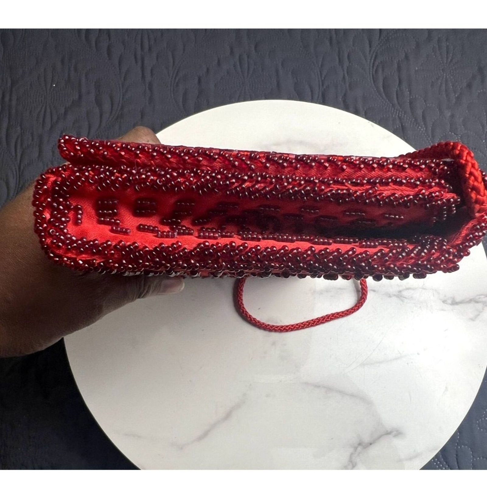 Vintage 80’s Lindsey Blake Red Satin Beaded Clutch Evening Bag Glam:Pre-Owned