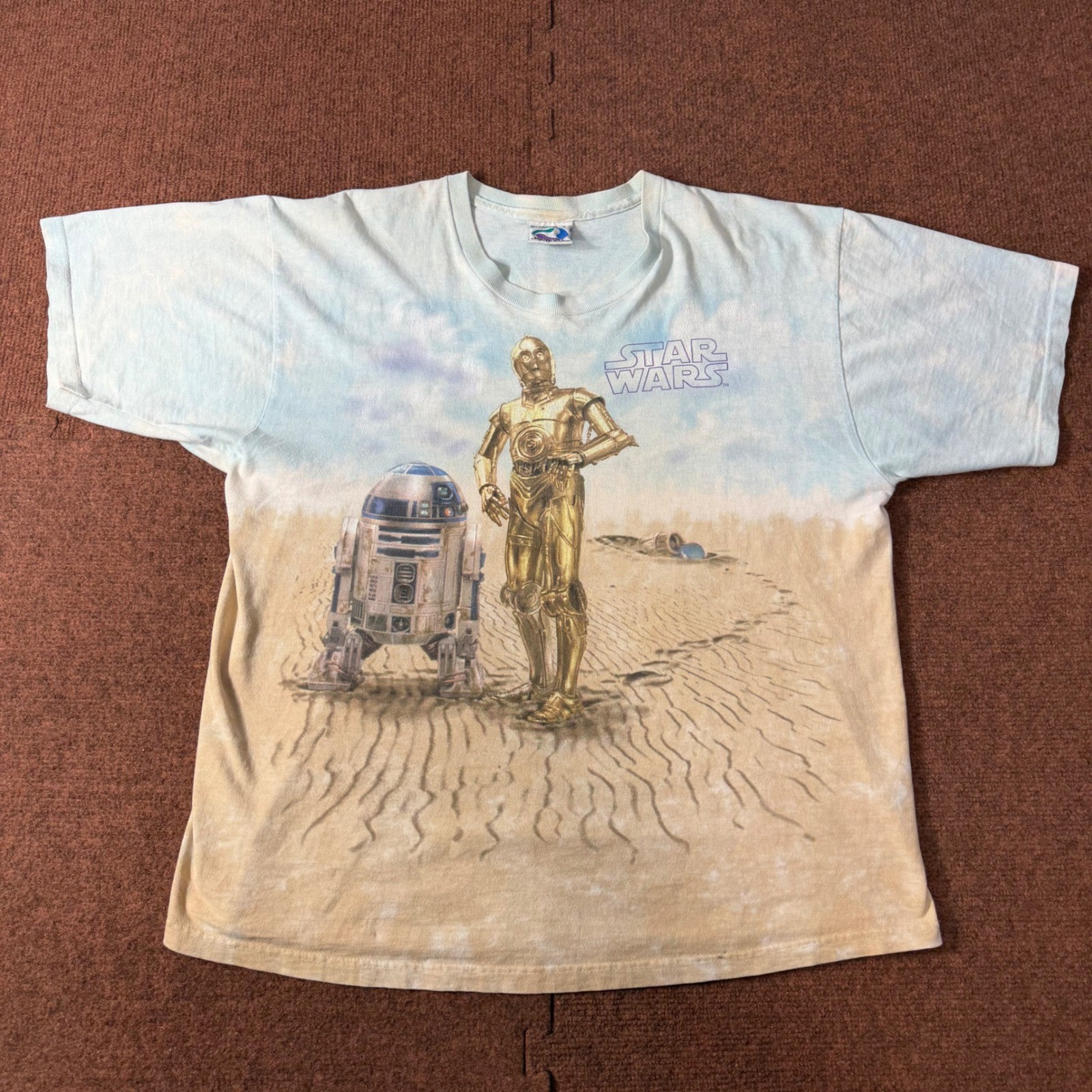 Vintage Liquid Blue Star Wars T Shirt R2-D2 C-3PO Stormtrooper All Over Print L