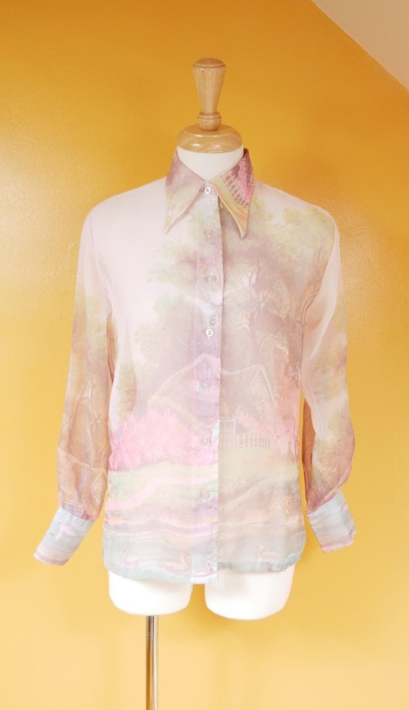 Vintage Sheer Swan Print Novelty Disco Blouse