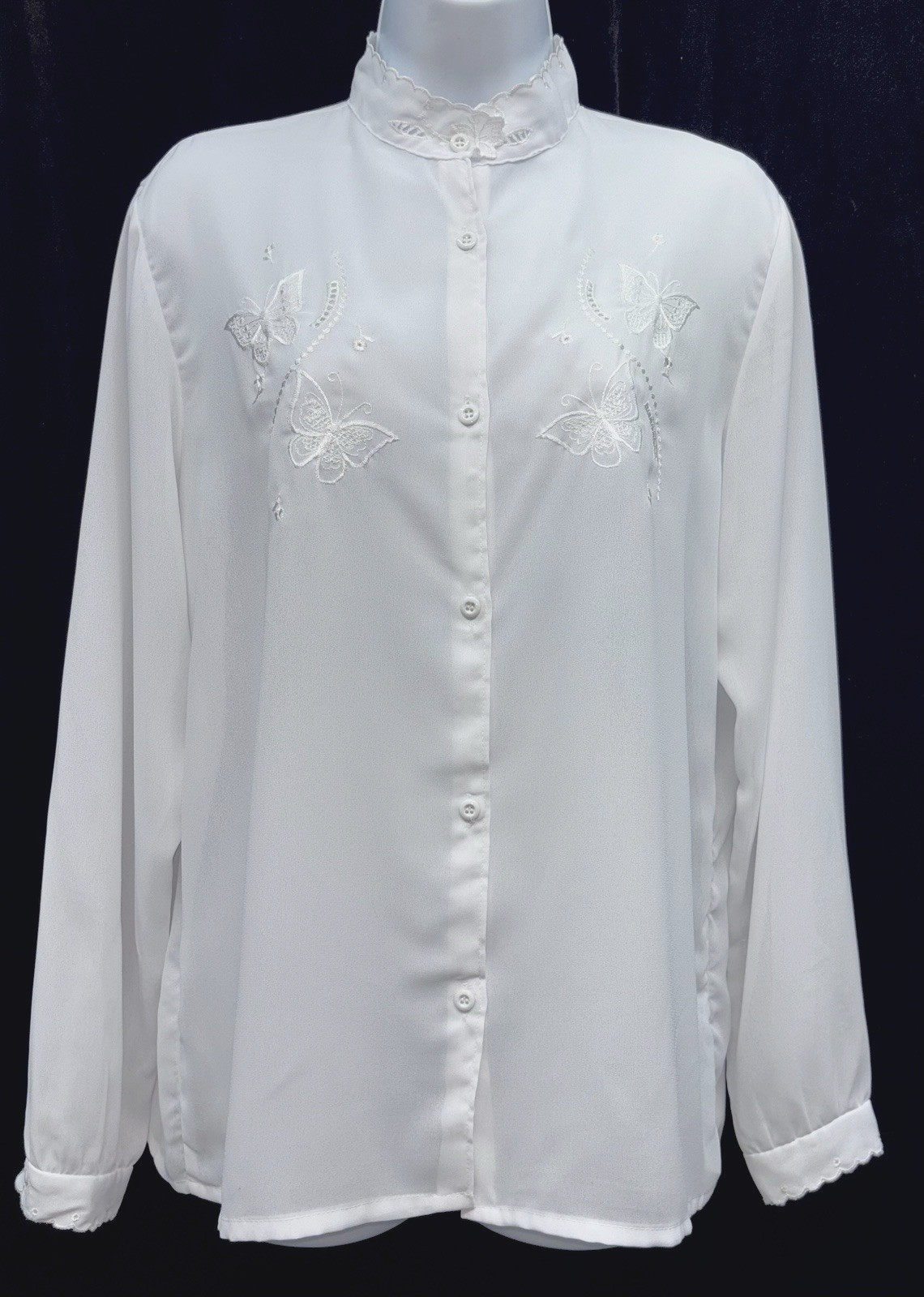 VTG 70s LINDA Women Size XL Button Up Long Sleeve Blouse Semi Sheer Embroidered