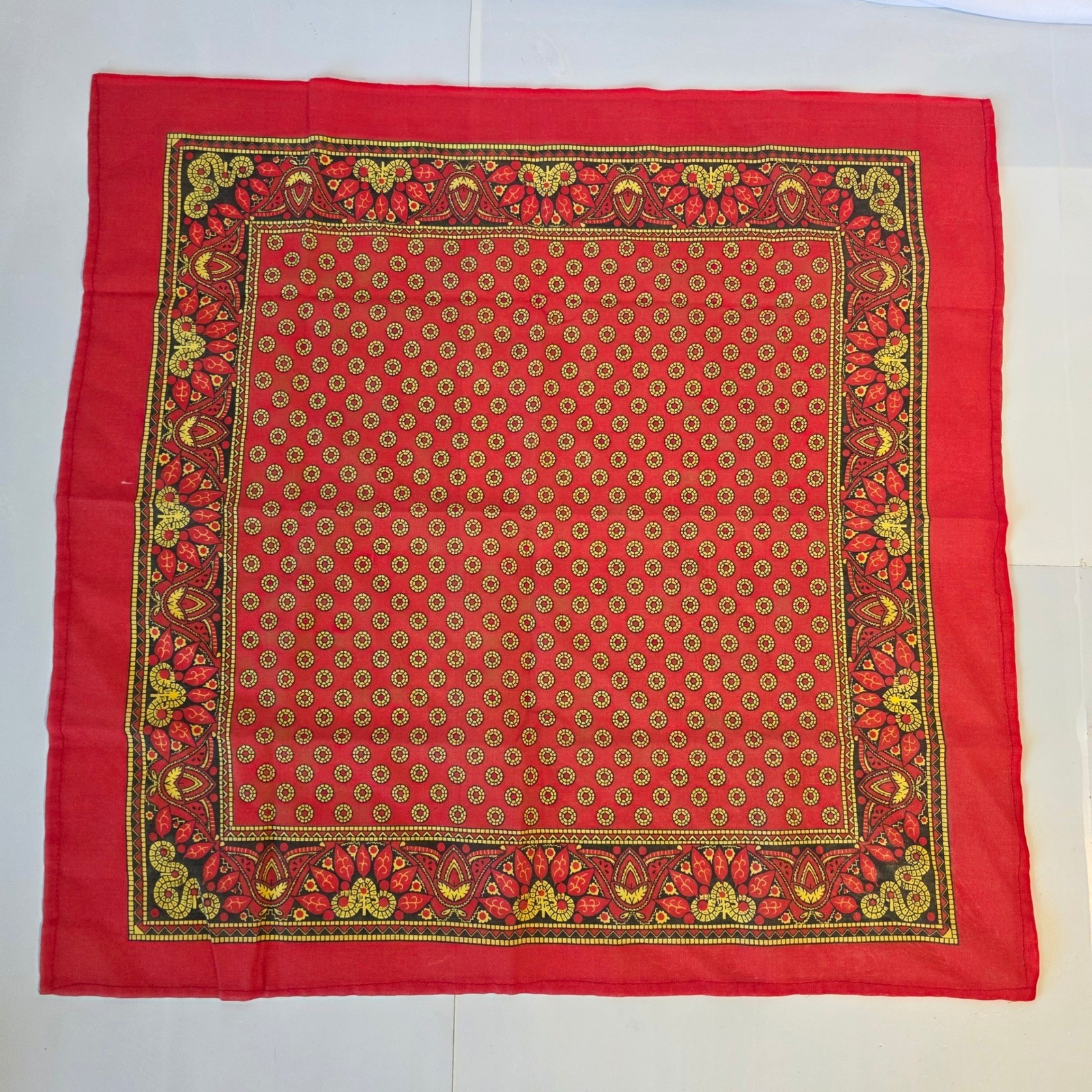 Vintage Red Bandana Paisley Floral Border Print Handkerchief Square Scarf 20×20