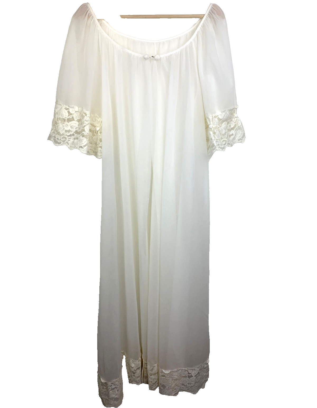 Women’s Double Chiffon Dressing Robe Gown Sheer Vintage 70’s Lace Trim Medium